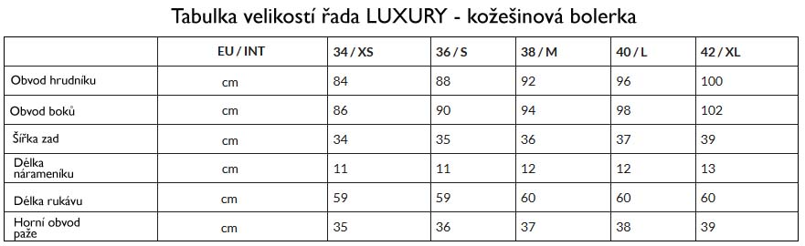 Tabulka velikostí Luxury kožešinová bolerka 